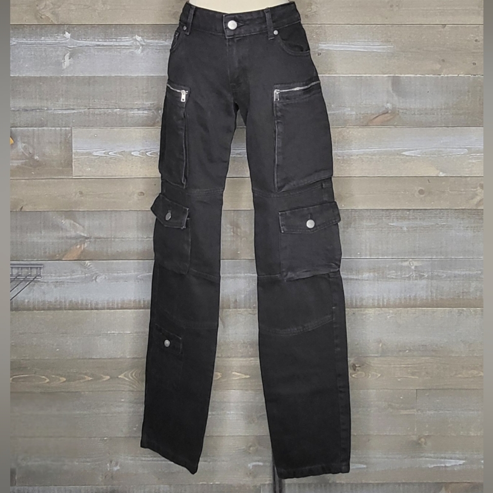 NWT Zara ZW Collection Slim Fit Mid-Rise Black With Silver Details Cargo…